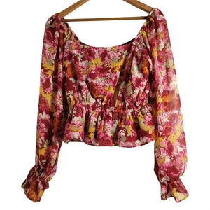 Wayf Cropped blouse top Longsleeve Floral  peplum smockneck size L